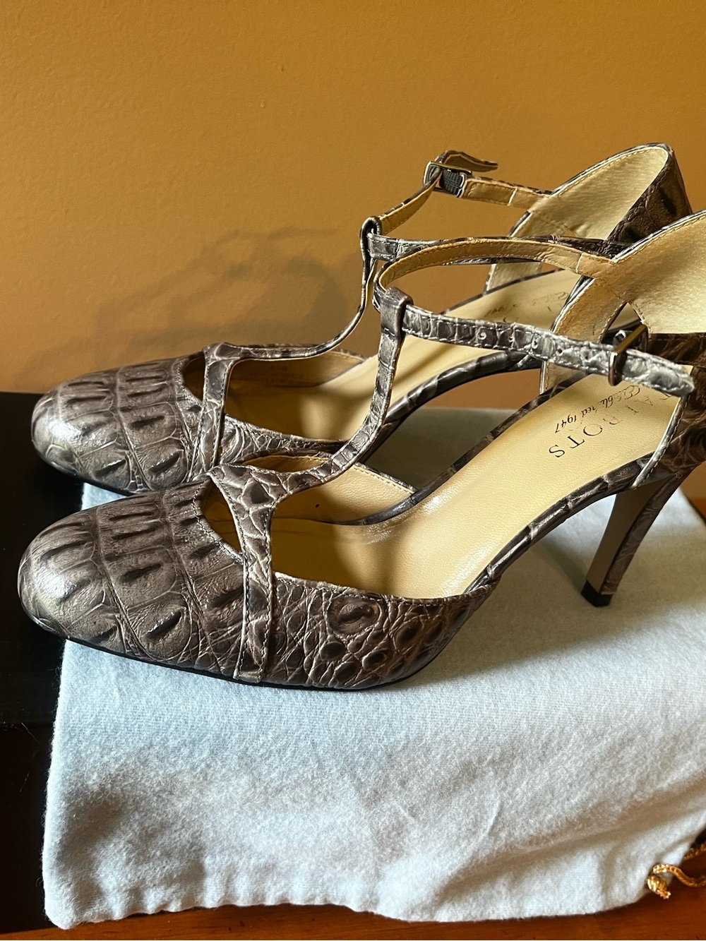 Talbots Brown Croc-Embossed T-Strap Heels